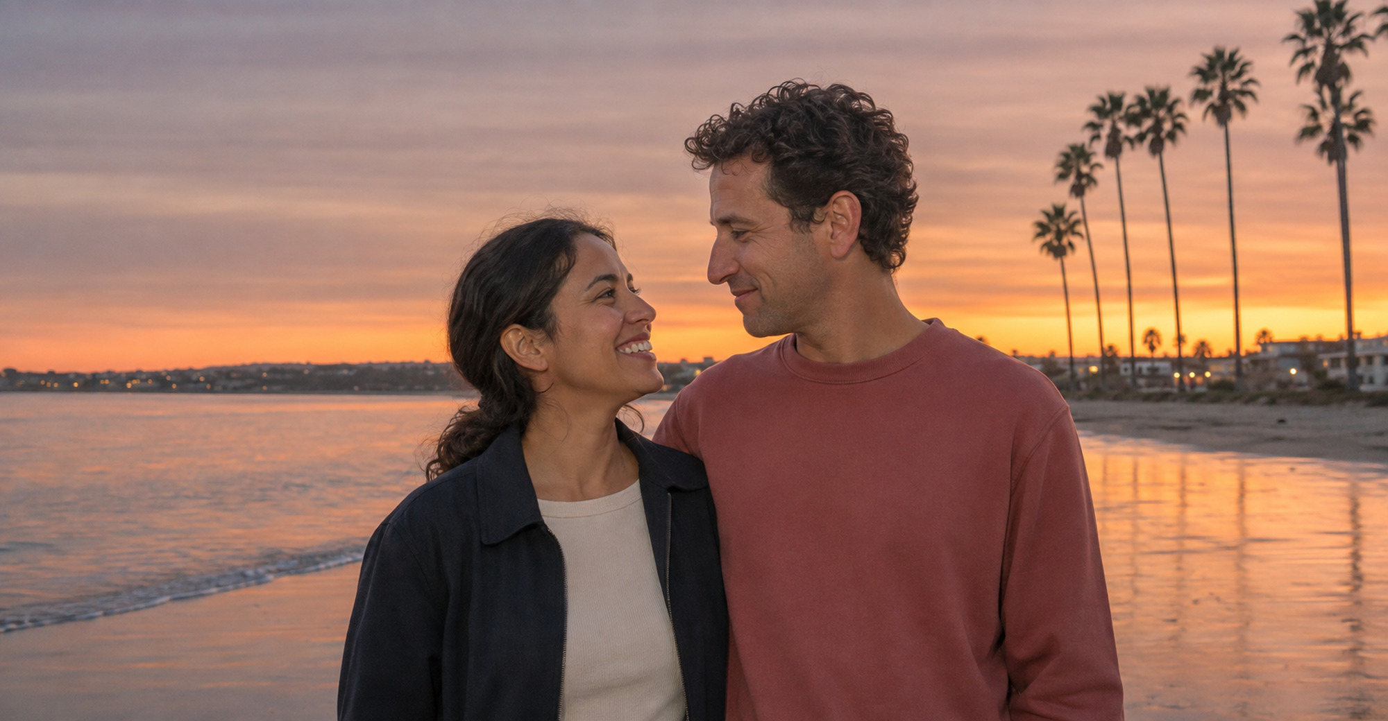 A couple standing together at the water's edge on a beach at sunset.