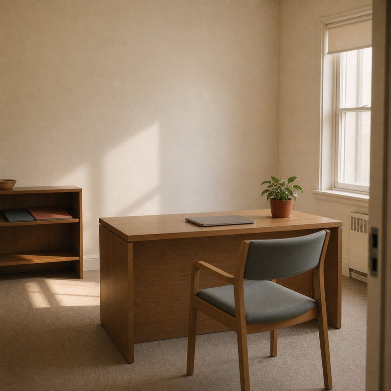 A quiet consult room in the practice, early in the morning.