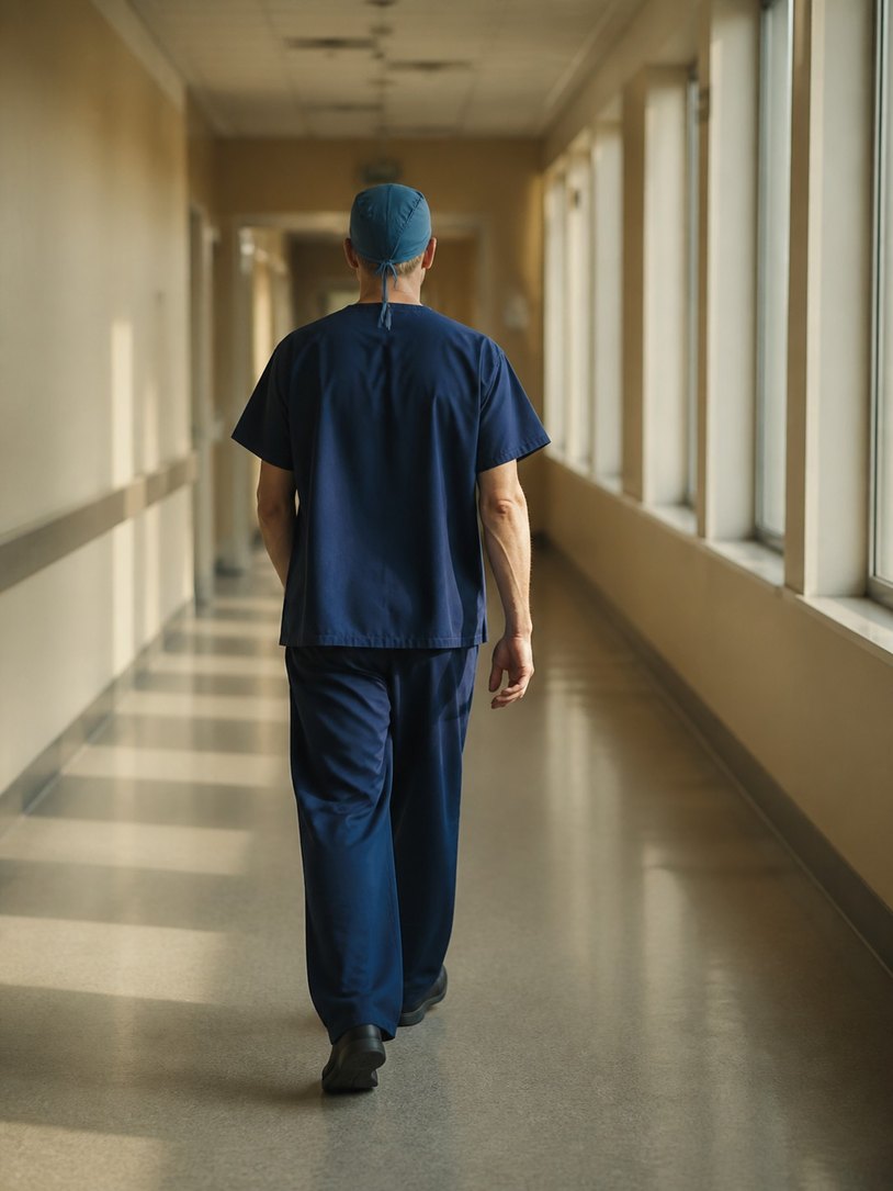 A surgeon in scrubs between cases, reviewing patient notes at the hospital.