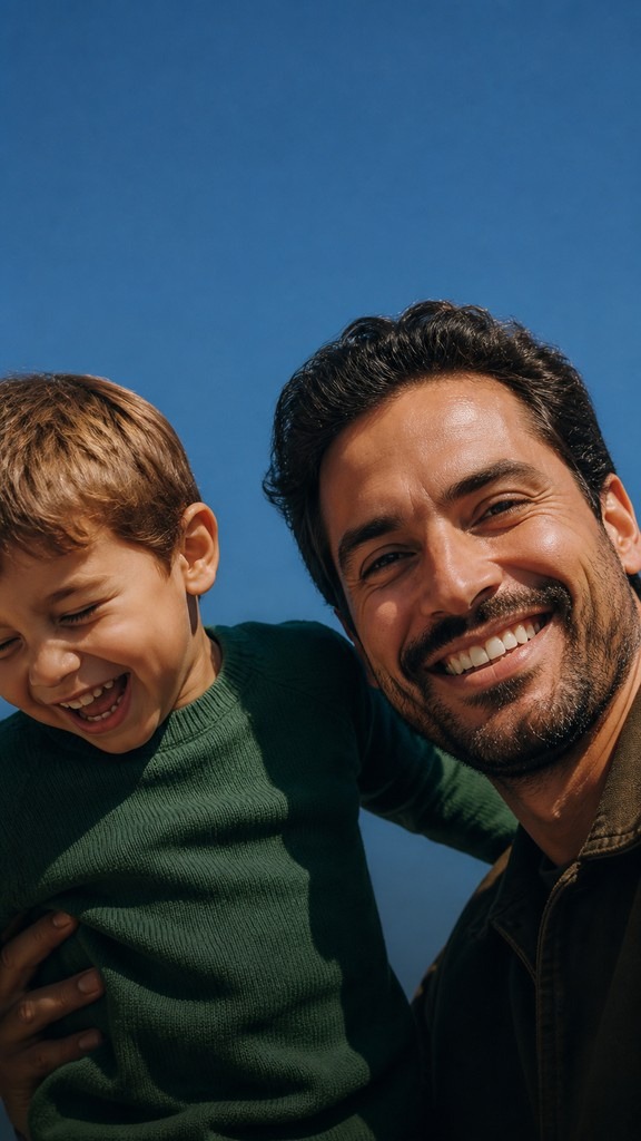 A father and daughter laughing together outdoors at the end of the day.