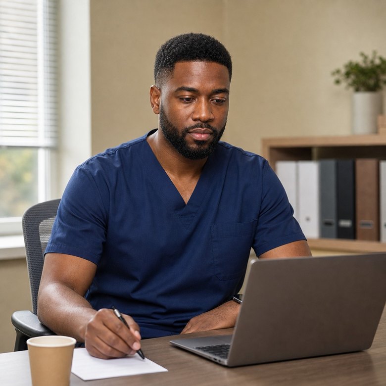 A licensed provider reviewing a patient's intake answers before deciding on treatment.