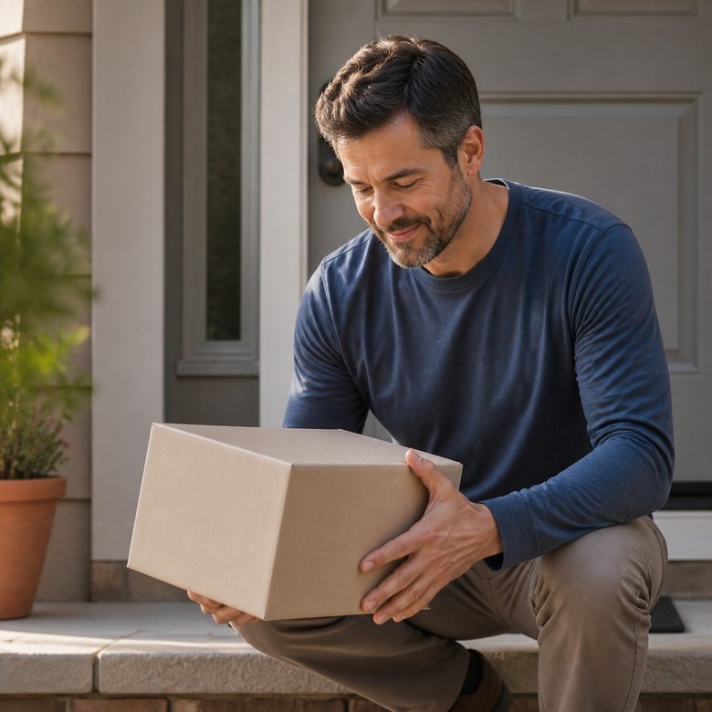 A discreet TrinityRx package arriving at the door and being opened at home.