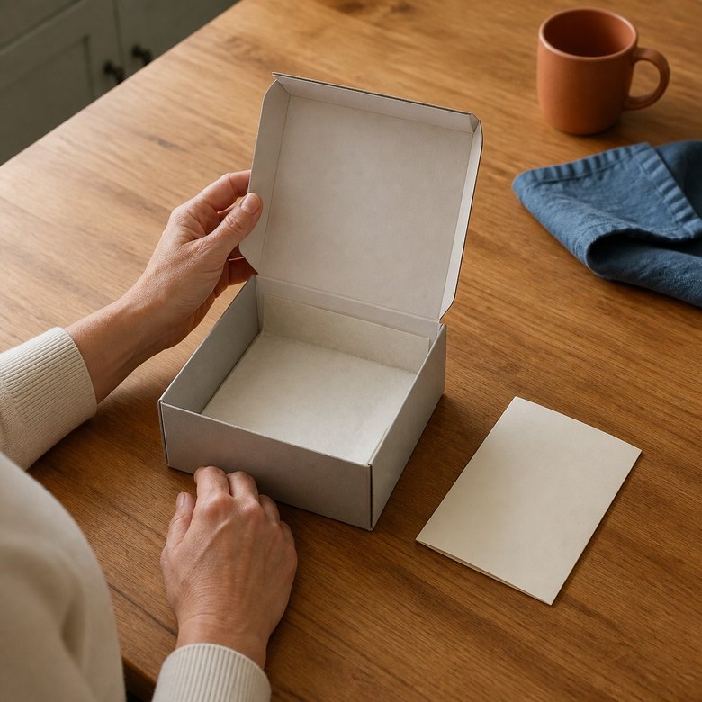An opened TrinityRx shipment on a kitchen counter with the treatment and care card inside.